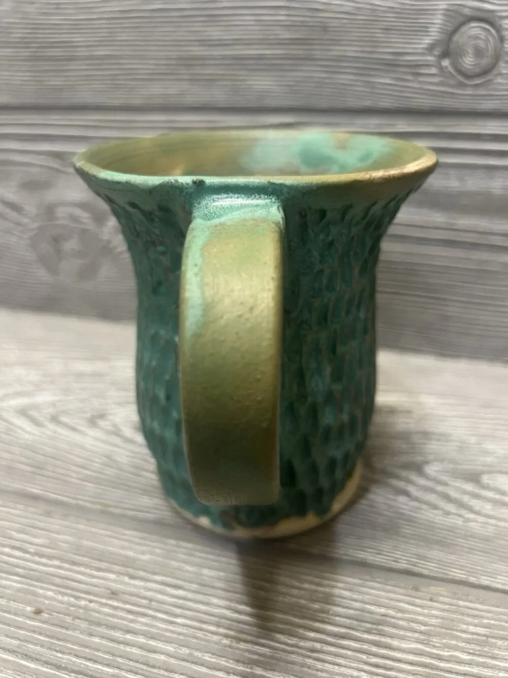 Handmade Ceramic Matte Glaze Coffee Cup Mug Artist Signed Rustic Green Textured